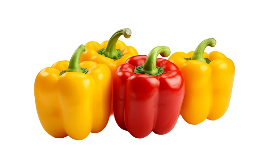 Fresh red and yellow bell peppers isolated on white background