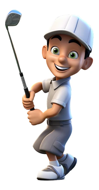 3D cartoon boy holding a golf club and smiling
