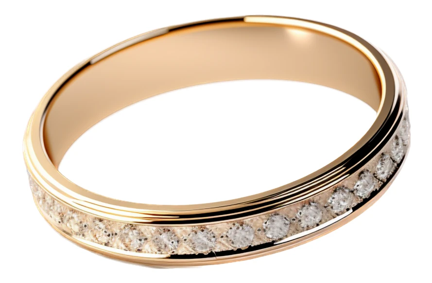 Elegant gold eternity ring with diamonds on white background