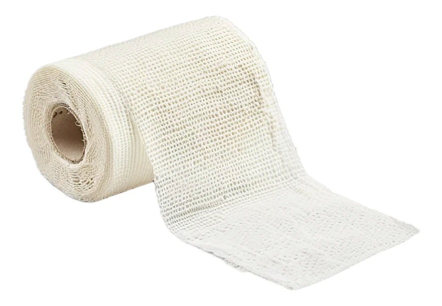 Roll of white fiberglass mesh tape on white background