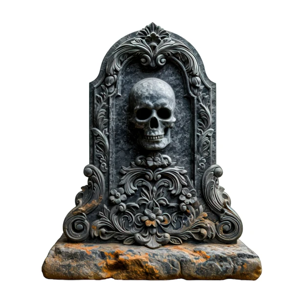 Ornate gothic tombstone with skull relief isolated on white