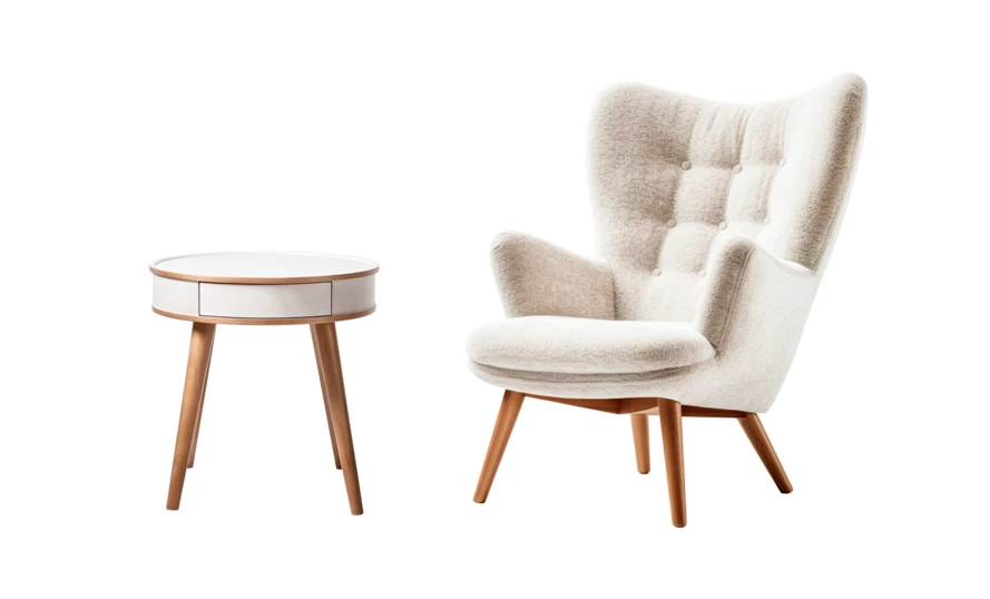 Modern white armchair and side table isolated on white