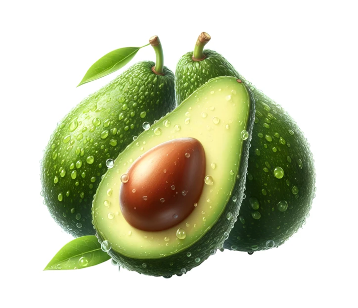 Fresh avocados with water droplets and half showing pit