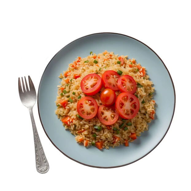 Vegetable fried rice with sliced tomatoes on a blue plate