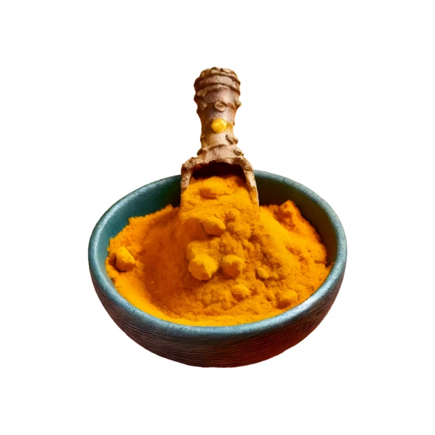 Turmeric powder in a bowl with a wooden scoop