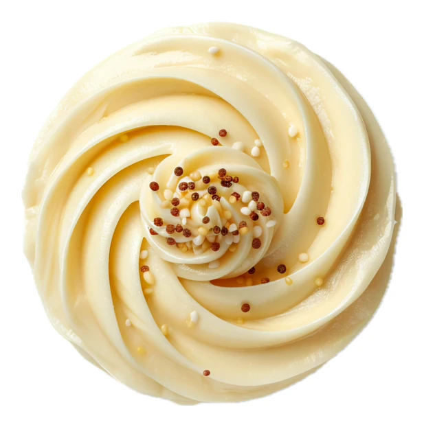 Swirled vanilla buttercream cupcake frosting with sprinkles from above
