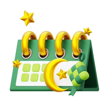3D Islamic calendar icon with crescent moon and ketupat
