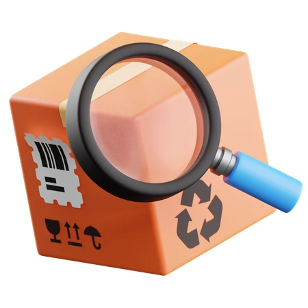 3D icon of cardboard shipping box and magnifying glass