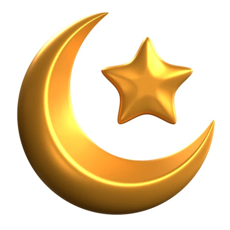 3D golden crescent moon and star symbol on white background