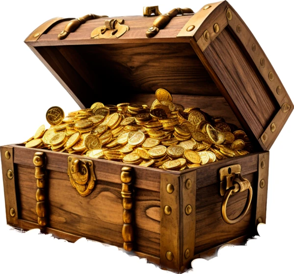 Open wooden treasure chest filled with gold coins