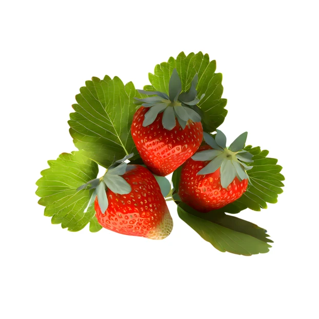 Three fresh strawberries with green leaves on white background