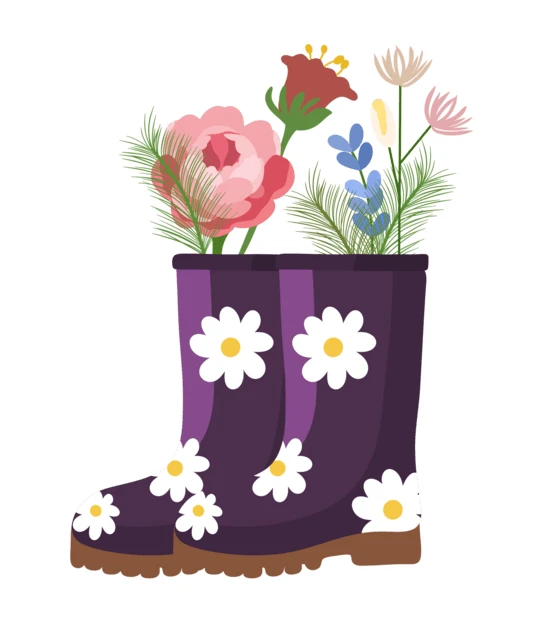 Purple daisy print rubber boots filled with spring flowers