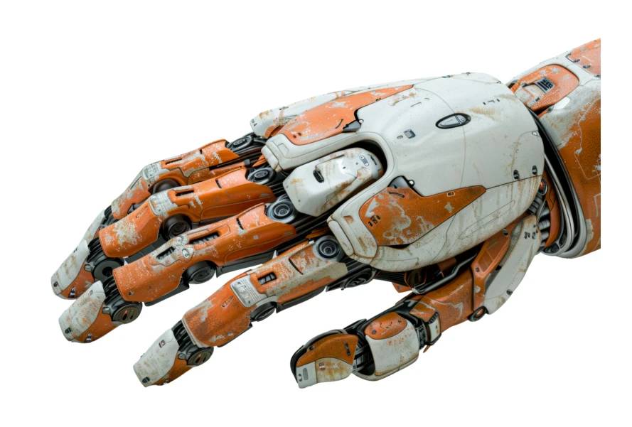 Weathered orange and white robotic hand isolated on white background