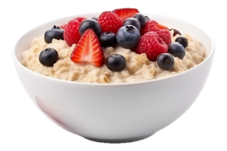 Oatmeal porridge with fresh mixed berries isolated on white