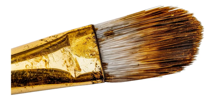 Macro shot of a used paintbrush with gold paint
