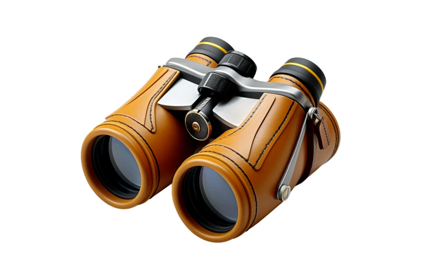 Professional brown leather-wrapped binoculars isolated on white background