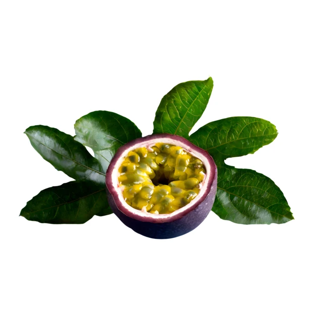 Half of a fresh passion fruit with green leaves