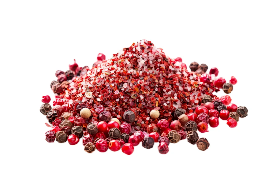 Heap of mixed whole peppercorns and ground red spices
