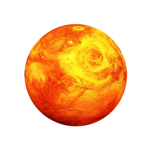 Fiery molten planet with lava surface on white background