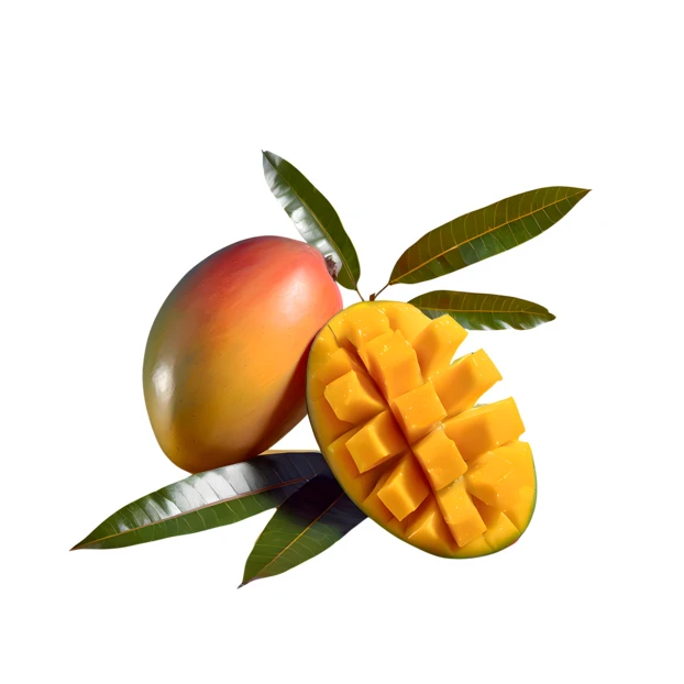 Ripe whole mango and diced half with green leaves