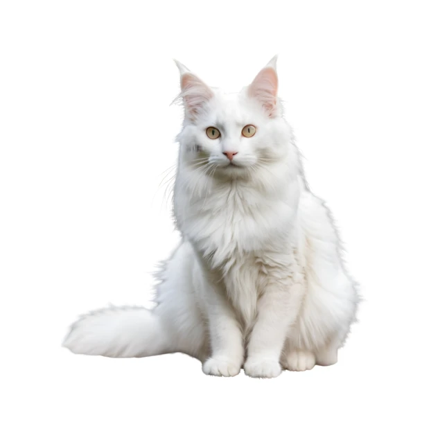 Fluffy white Maine Coon cat sitting on white background