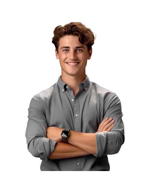 Confident young man in grey shirt with arms crossed