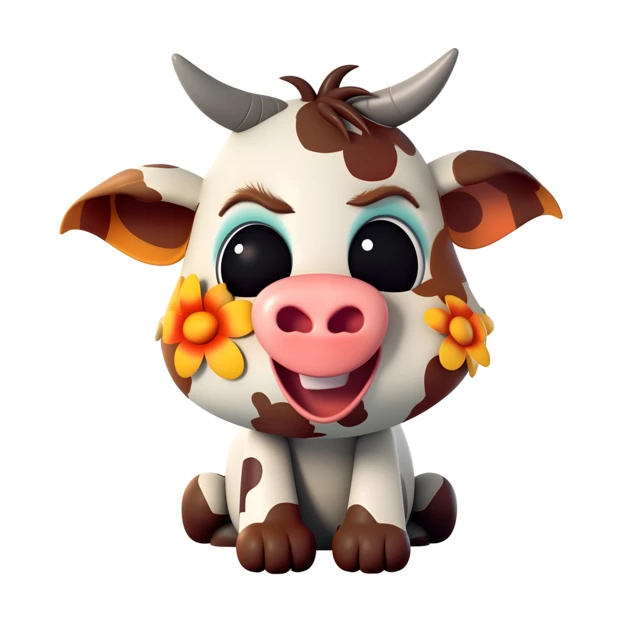 Cute cartoon 3D cow with flowers on white background