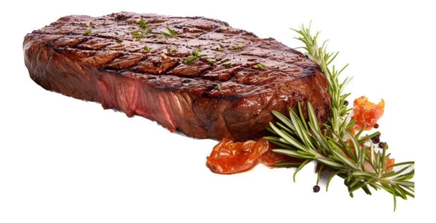 Grilled beef steak with rosemary and tomatoes on white background