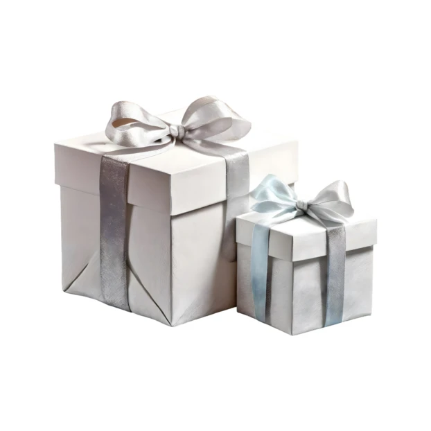 Two white gift boxes with silver ribbons on white background