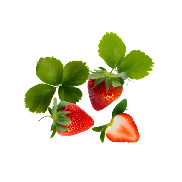 Fresh strawberries and green leaves isolated on white background