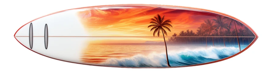 Surfboard with tropical beach sunset design isolated on white