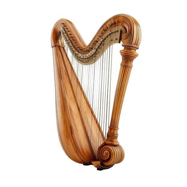 Elegant wooden pedal harp isolated on white background