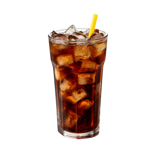 Tall glass of refreshing cola with ice and straw