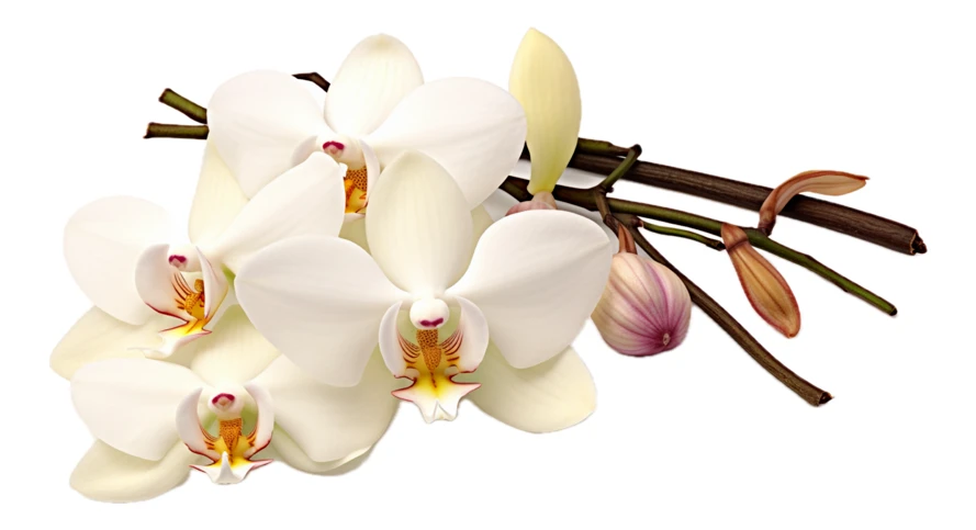 White orchid flowers and vanilla pods isolated on white
