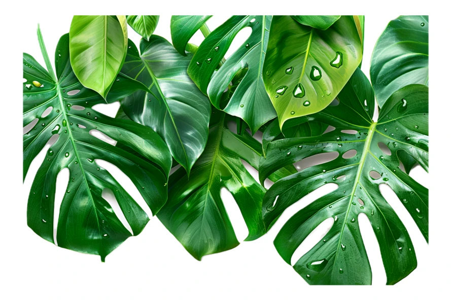 Fresh green Monstera deliciosa leaves with water drops on white