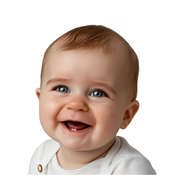 Close-up portrait of happy smiling baby on white background