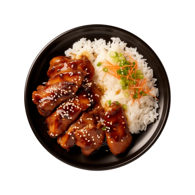 Chicken teriyaki bowl with white rice isolated on white