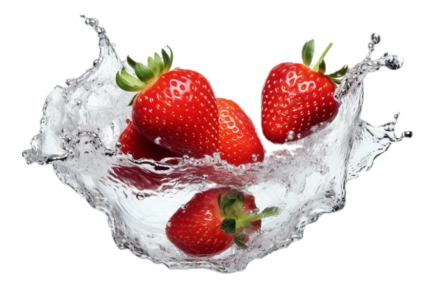 Fresh red strawberries splashing into clear water on white background