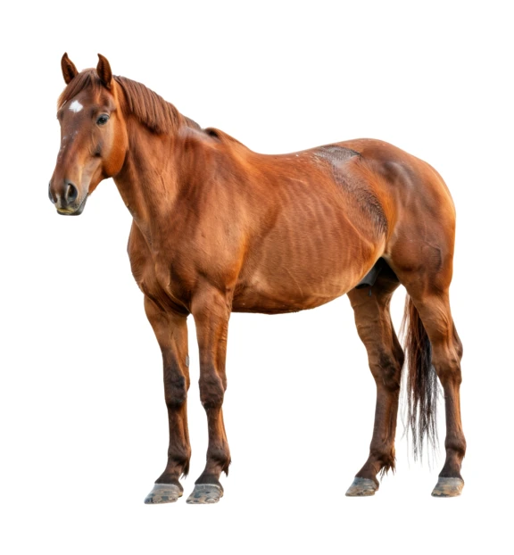 Brown horse standing isolated on white background