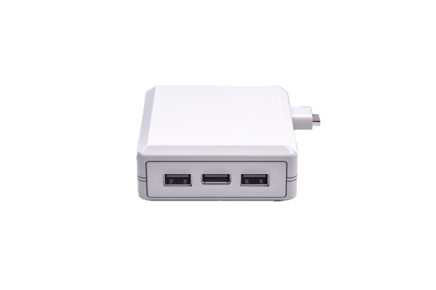 White USB hub adapter with multiple ports on white background