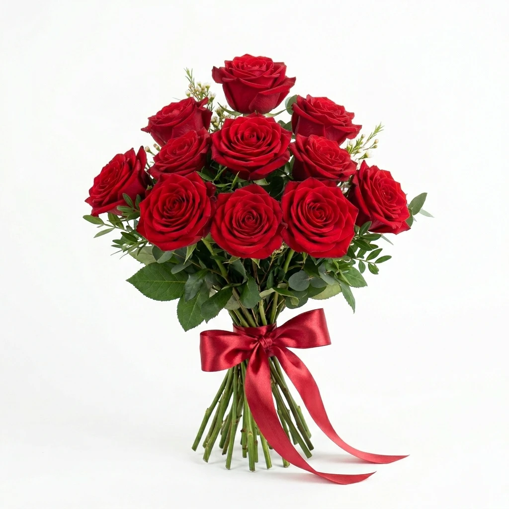 Bouquet of twelve red roses with ribbon on white background