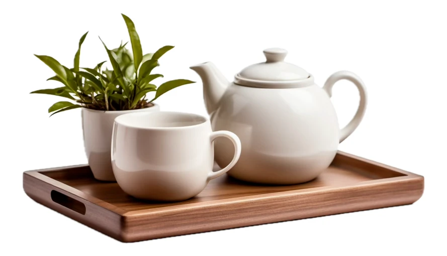 White ceramic tea set and plant on wooden tray