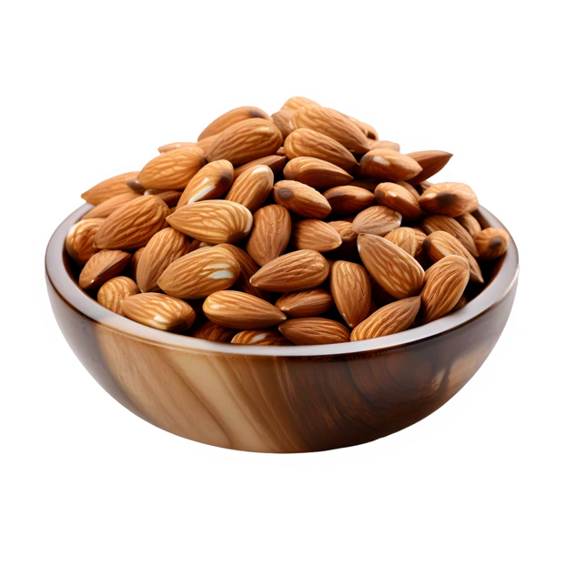 Raw almonds in a wooden bowl isolated on white background