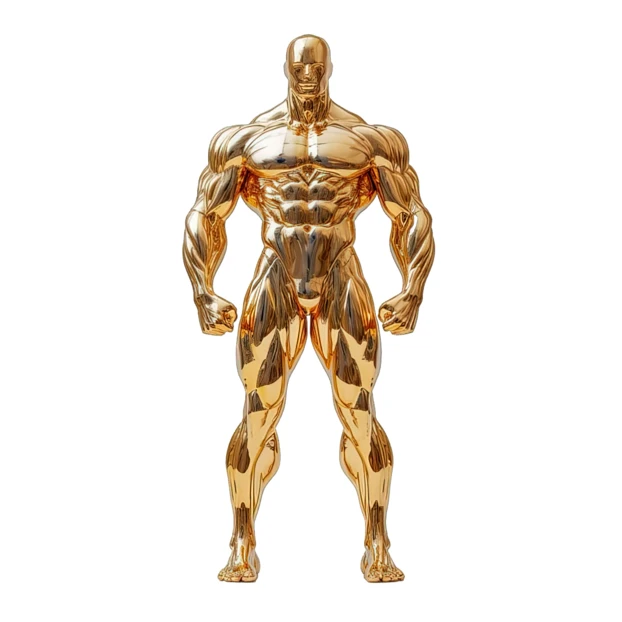 Muscular golden male bodybuilder figure isolated on white background