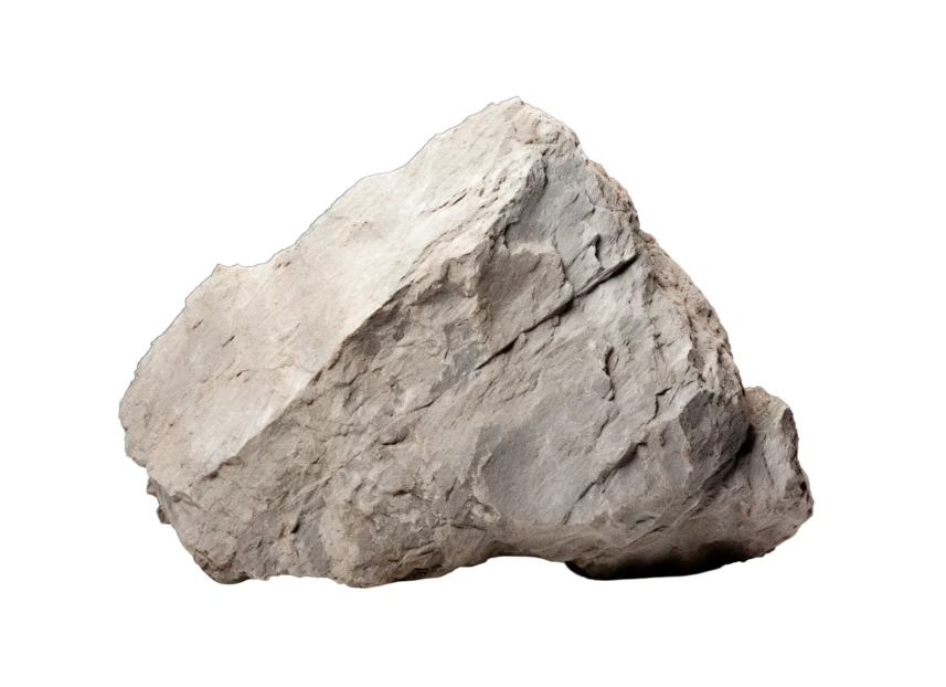Rough textured grey boulder isolated on white background