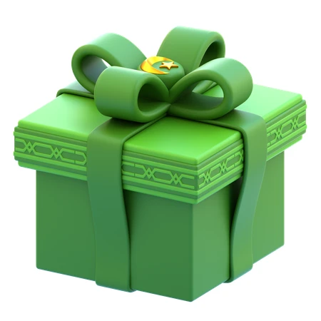 A green gift box with a gold ribbon