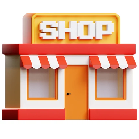 3D stylized storefront icon with red awnings on white background
