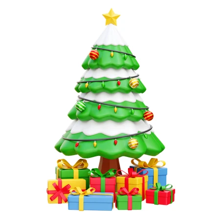 3D cartoon Christmas tree with gift boxes on white background