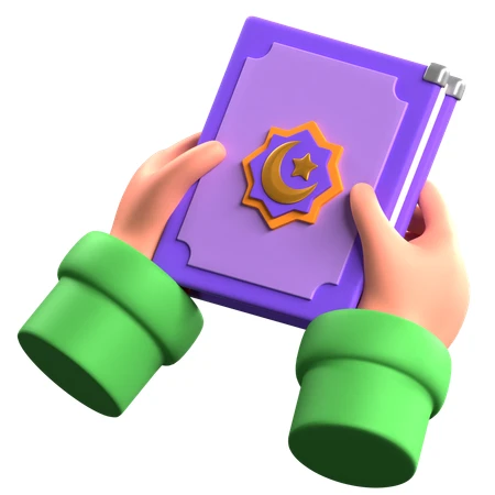3D cartoon hands holding a purple Quran book