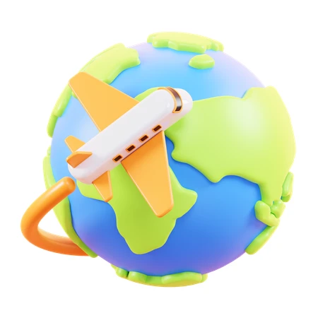3D airplane flying around the earth globe for travel concept